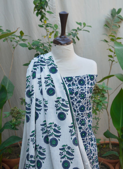 White & Indigo Blue Block Printed 2PC Unstitched