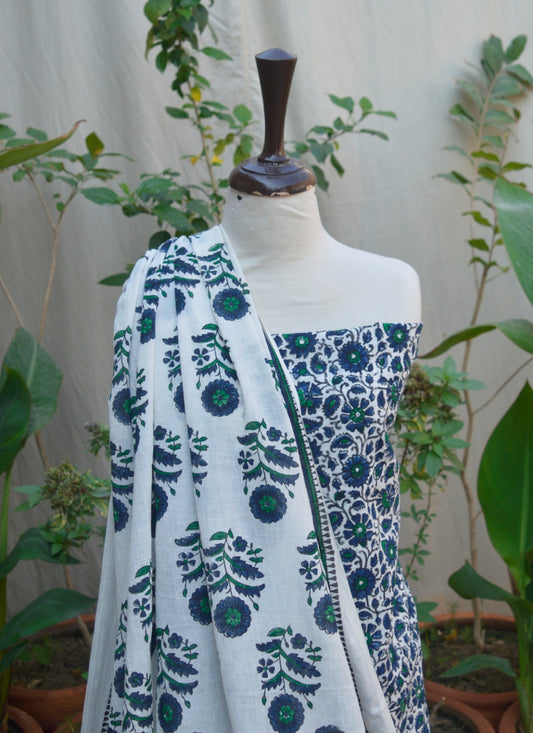 White & Indigo Blue Block Printed 2PC Unstitched